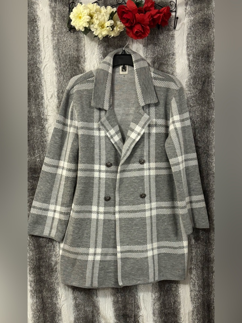 Anne Klein Gray and White Plaid Double-Breasted Jacket Pea Coat size XL